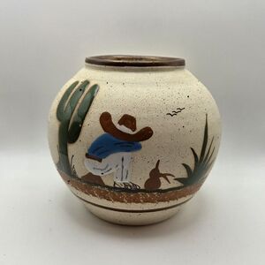 Handcrafted Mexican Pottery Vase with Desert Scene Resting Cowboy
